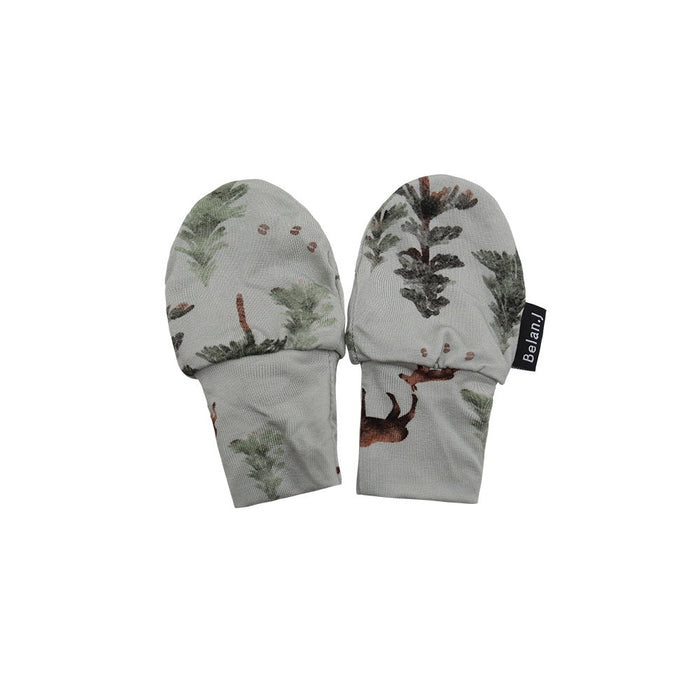 Pair of mittens with nature-themed design on a white background