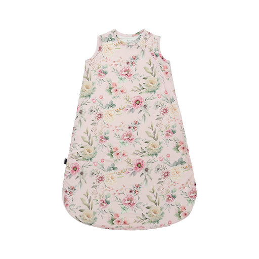 Floral patterned baby sleeping bag on a white background