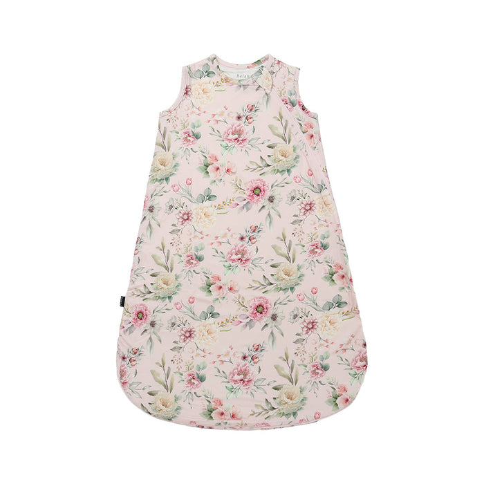 Floral patterned baby sleeping bag on a white background