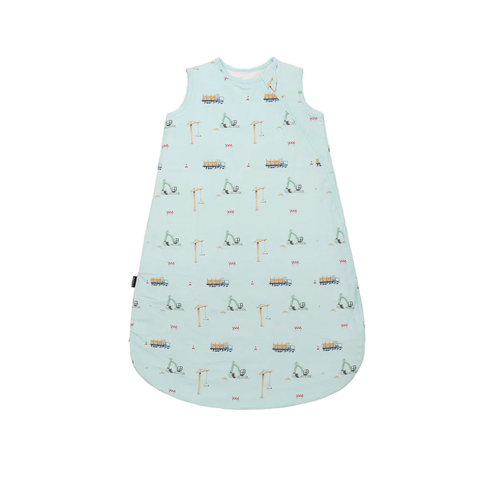 Belan J sleep sack with construction vehicles on a teal background