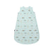 Belan J sleep sack with construction vehicles on a teal background