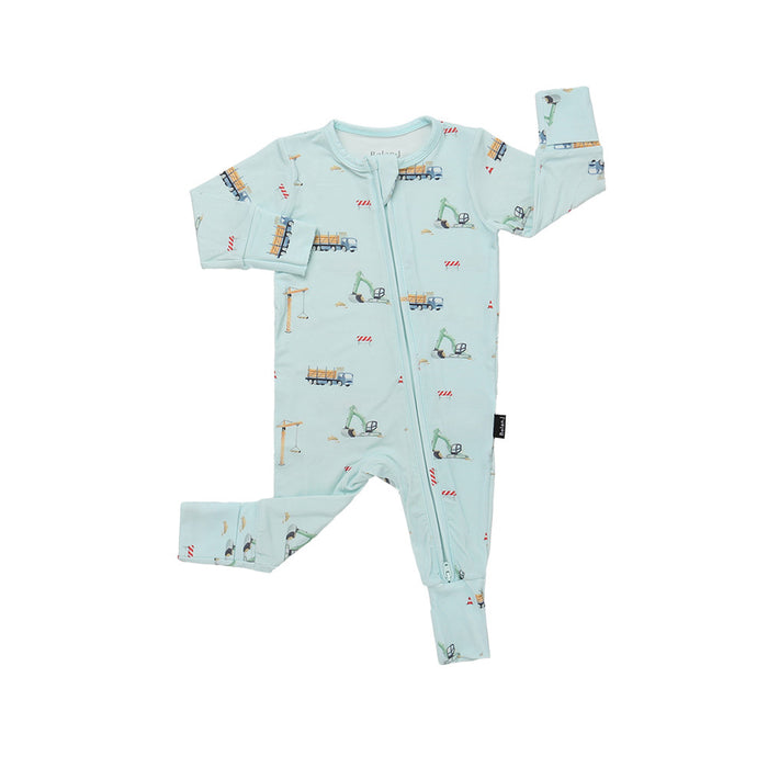 Light blue baby onesie with vehicle pattern on a white background