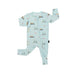 Light blue baby onesie with vehicle pattern on a white background