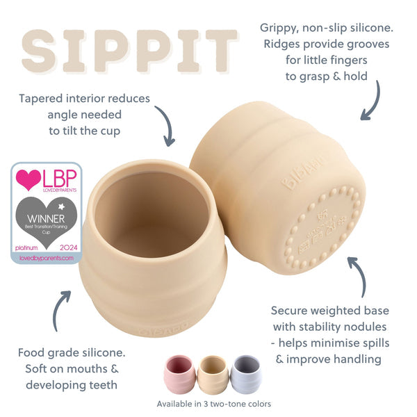 Beige silicone cup with text describing features on a white background