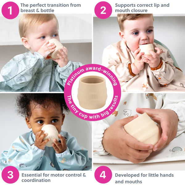 Children using a small cup with text highlighting its benefits