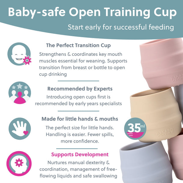 Baby-safe open training cup with text highlighting its benefits and features.