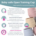 Baby-safe open training cup with text highlighting its benefits and features.