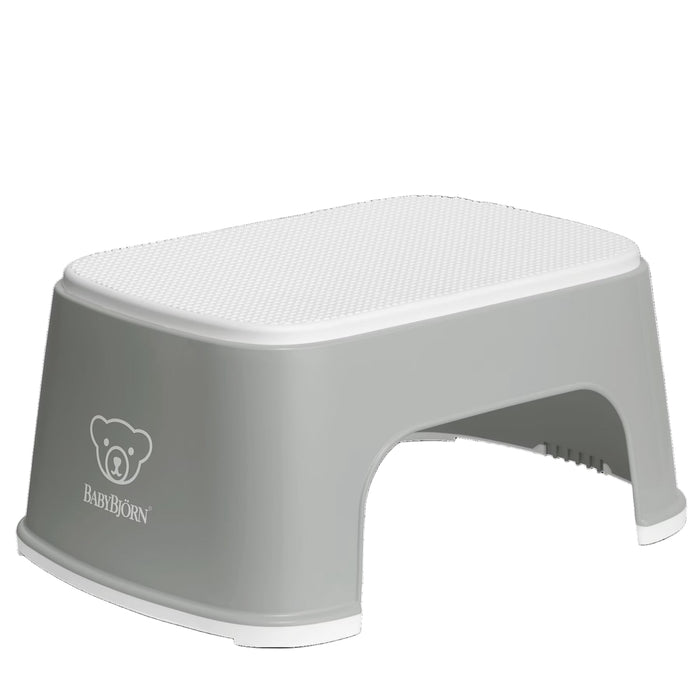 White and Gray step stool with non-slip base on a white background