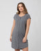 Woman wearing a gray striped nightshirt on a white background
