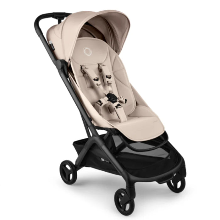Bugagoo beige and black travel stroller on a white background
