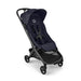 A modern Bugaboo stroller in navy blue and black, shown from a three-quarters angle against a plain white background.