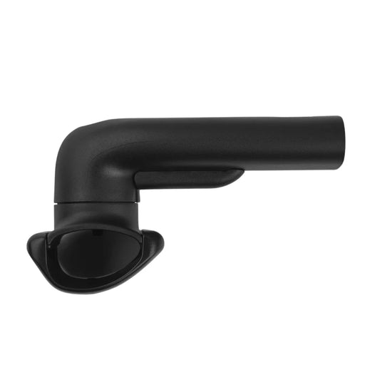 Black plastic stroller adapter fitting on a white background