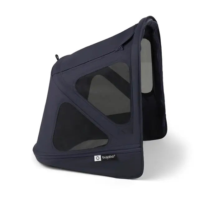 Navy blue stroller canopy accessory with mesh window on a white background