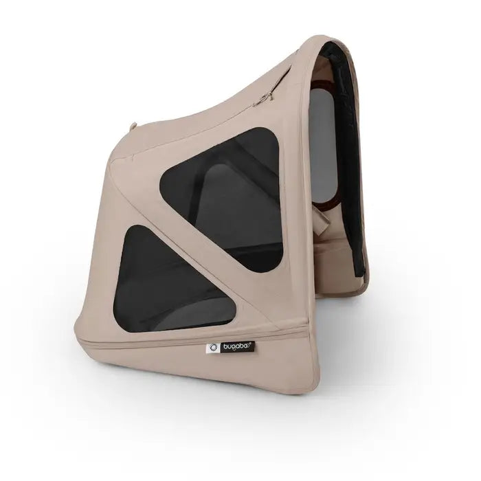 Beige stroller canopy accessory with mesh window on a white background