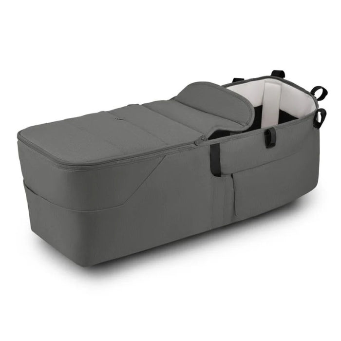 Gray baby bassinet on a white background