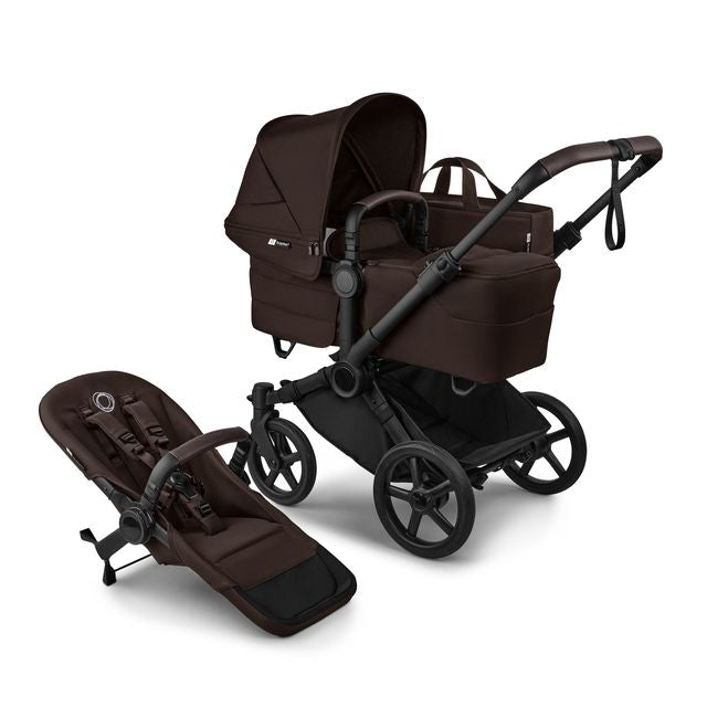 Brown Bugaboo Donkey 6 stroller with bassinet and stroller seat on a white background