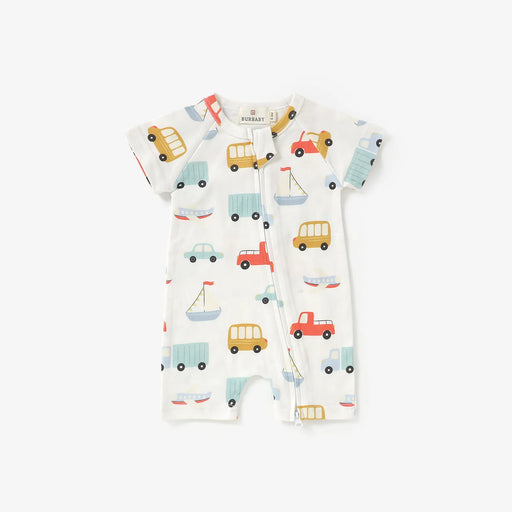 Baby romper with vehicle pattern on a white background