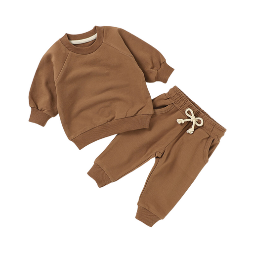 Brown children's sweatshirt and pants set on a white background