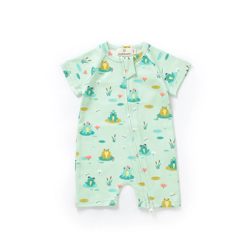 Baby romper with frog pattern on a white background