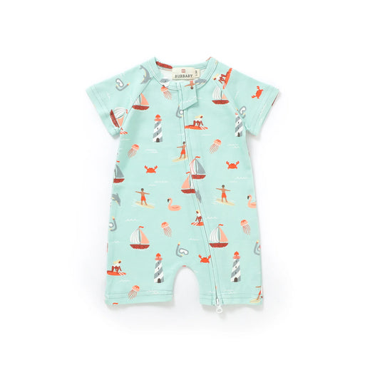 Baby romper with nautical pattern on a light blue background