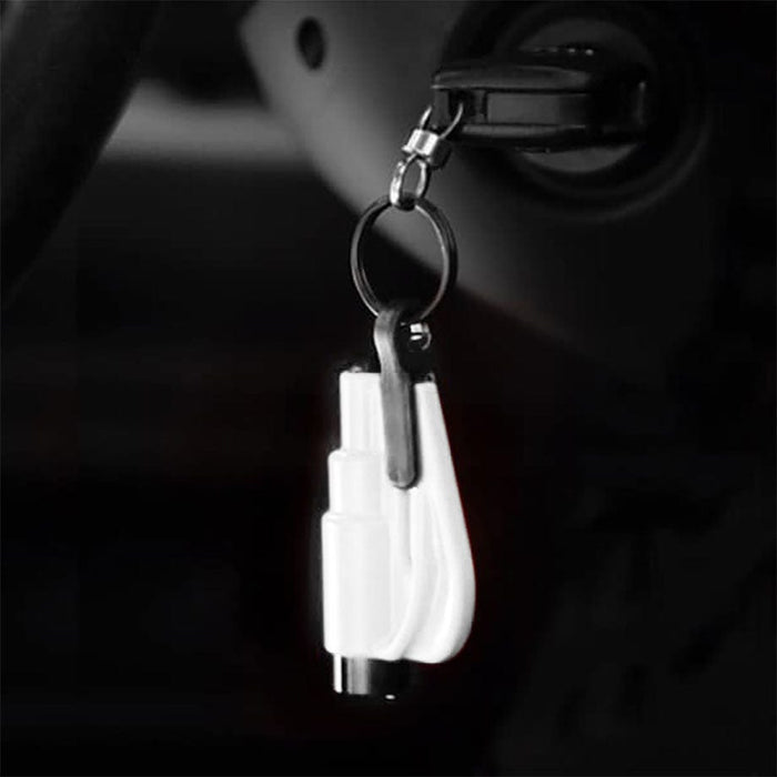caption-Convenient Key Chain keeps the seatbelt cutter close by.