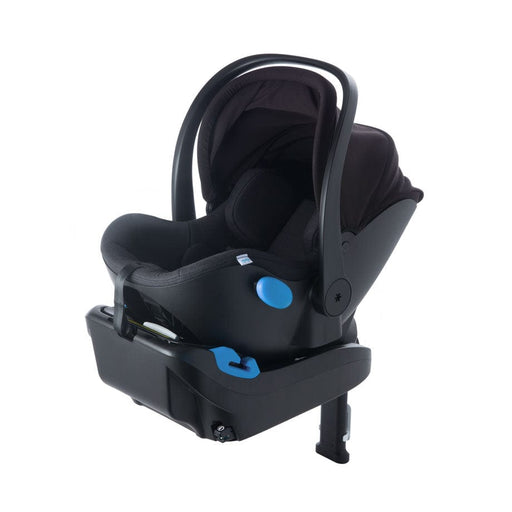 A clek LIING Infant Car Seat with a black merino wool fabric cover, installed on a black base, designed for newborns up to 35 lbs.