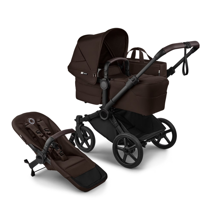 Brown and black stroller with pram and stroller seat on a white background