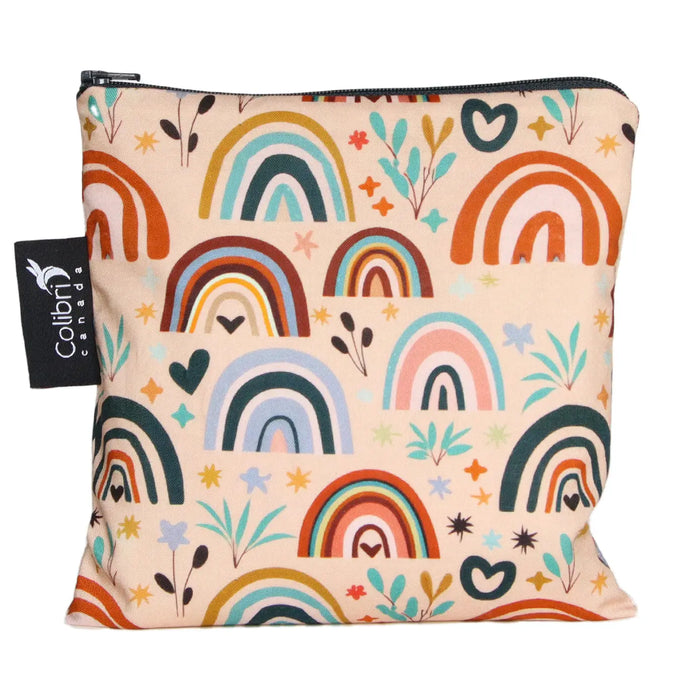 Pouch with rainbow pattern and Colibri logo on a white background