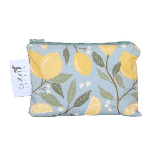 Fabric pouch with lemon pattern and Colibri Canada tag on a white background