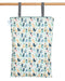Patterned reusable wet bag with cat design hanging on a wooden rod