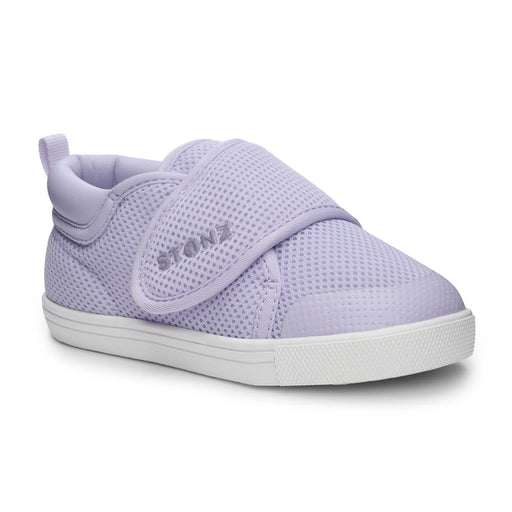 Purple children's sneaker with white sole on a white background