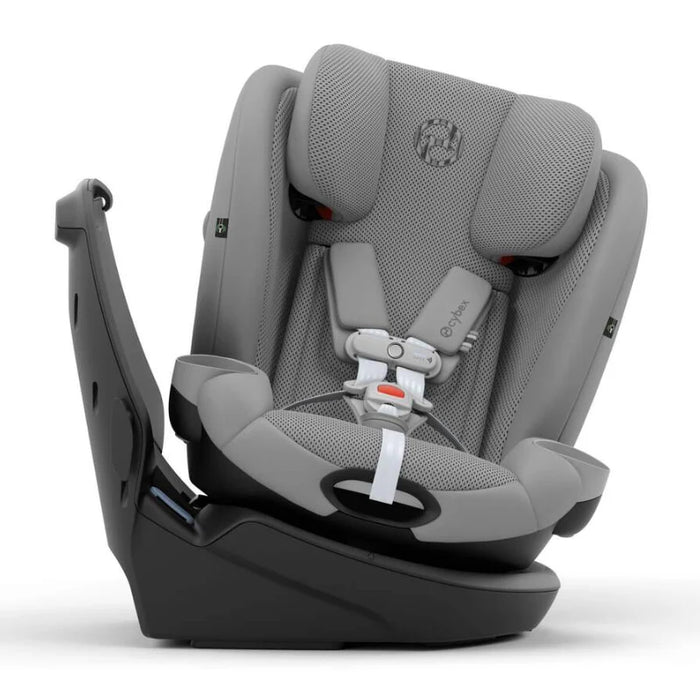 Gray car seat with black base on a white background