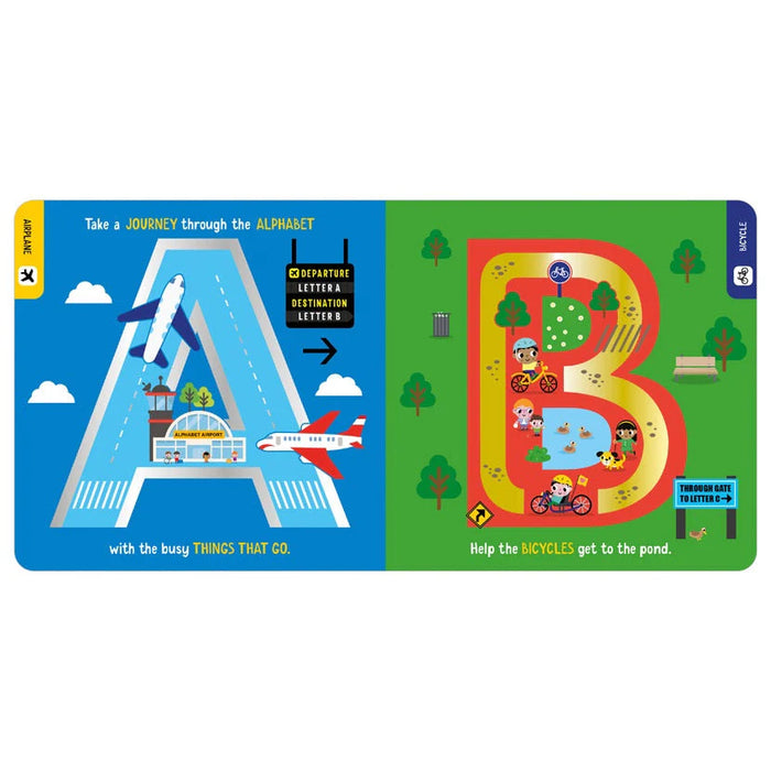 Children's alphabet mat with letter A and B designs on a blue and green background.