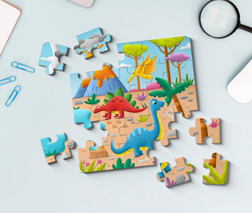 Children's dinosaur puzzle with missing pieces on a light blue background