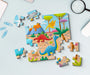 Children's dinosaur puzzle with missing pieces on a light blue background