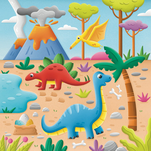Colorful illustration of dinosaurs in a prehistoric landscape with trees, mountains, and a volcano.