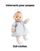 Doll wearing a gray dress with text 'Vétements pour poupèe' and 'Doll clothes' on a white background