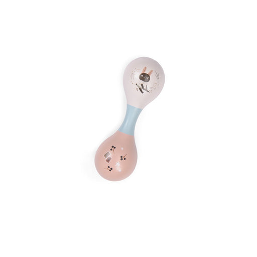 Pink and blue baby rattle with a rabbit design on a white background