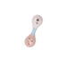 Pink and blue baby rattle with a rabbit design on a white background