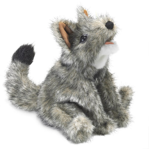 Plush toy resembling a gray and white animal on a white background