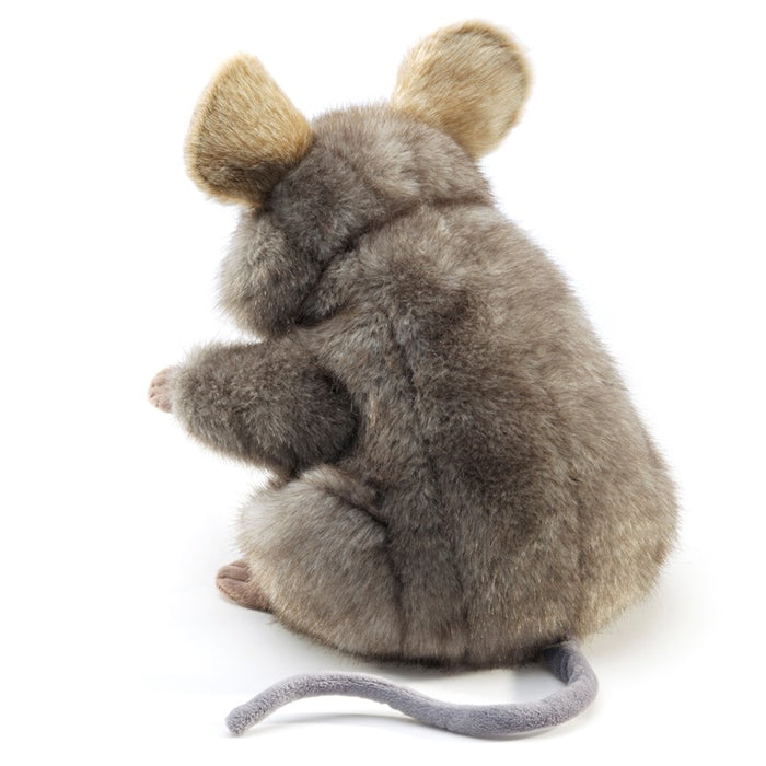 Plush toy mouse puppet sitting on a white background