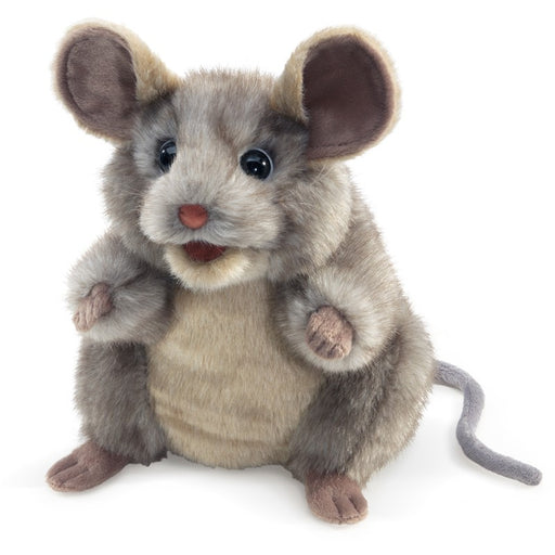 Plush toy mouse puppet with gray and brown fur on a white background