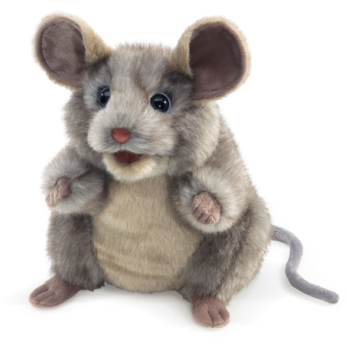 Plush toy mouse puppet with gray and brown fur on a white background