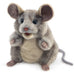 Plush toy mouse puppet with gray and brown fur on a white background