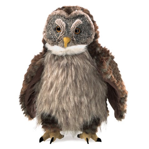 Plush owl toy puppet with brown, gray, and white fur on a white background