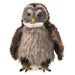 Plush owl toy puppet with brown, gray, and white fur on a white background