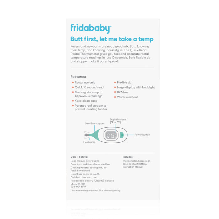 Fridababy thermometer packaging with features and specifications.