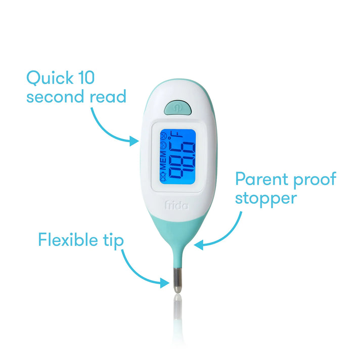 Digital thermometer with features highlighted on a white background