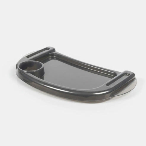 Gray high chair tray with a small round holder on a white background