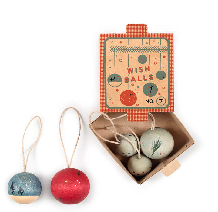 Set of five colorful wish ball ornaments with a packaging box labeled 'Wish Balls' on a white background.